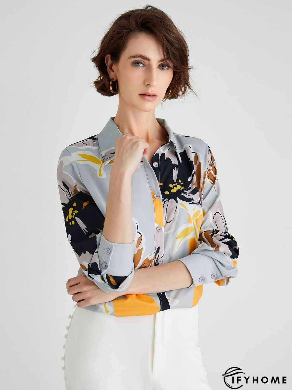 Elegant Floral Shirt Collar Long Sleeve Blouse | IFYHOME