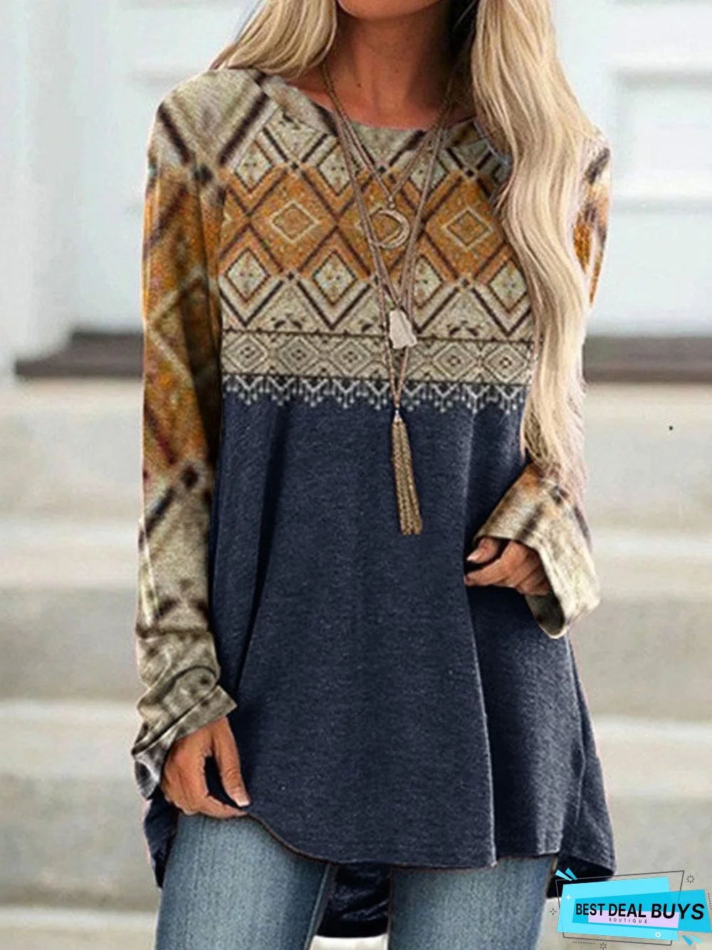 Jersey Ethnic Geometry Casual Top