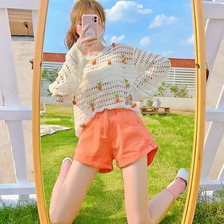 Cute Apricot Strawberry Embroidery Hollow Sweatshirt SS1150