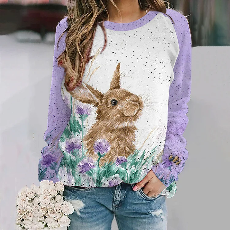 VChics Cute Easter Bunny In The Purple Flowers Printed Sweatshirt