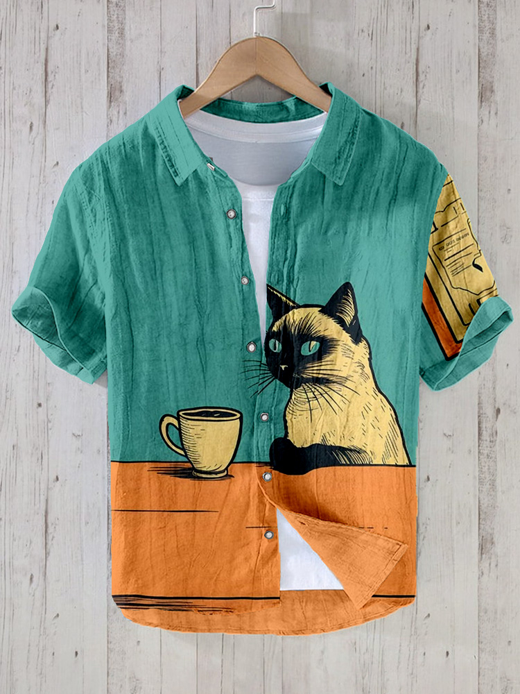 menweary Siamese Cat Chilling with Coffee Linen Blend Shirt