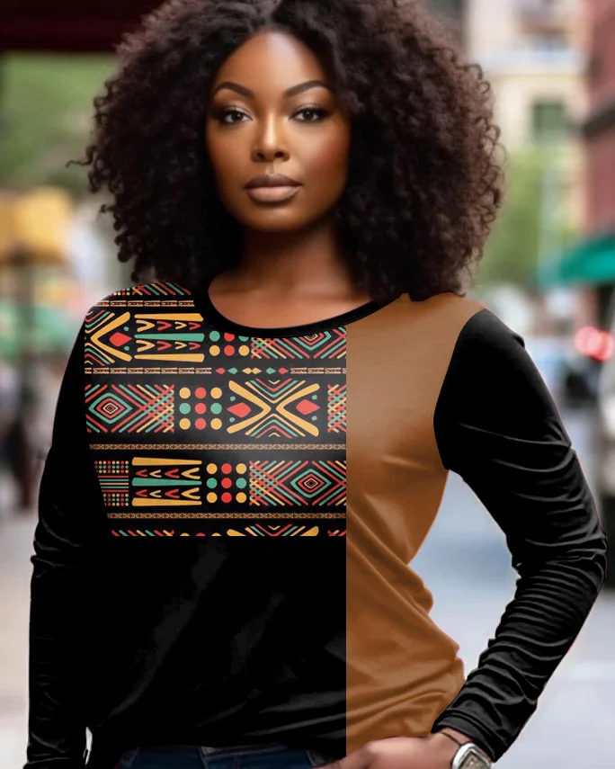 African Pattern Design Crew Neck Long Sleeve T-shirt