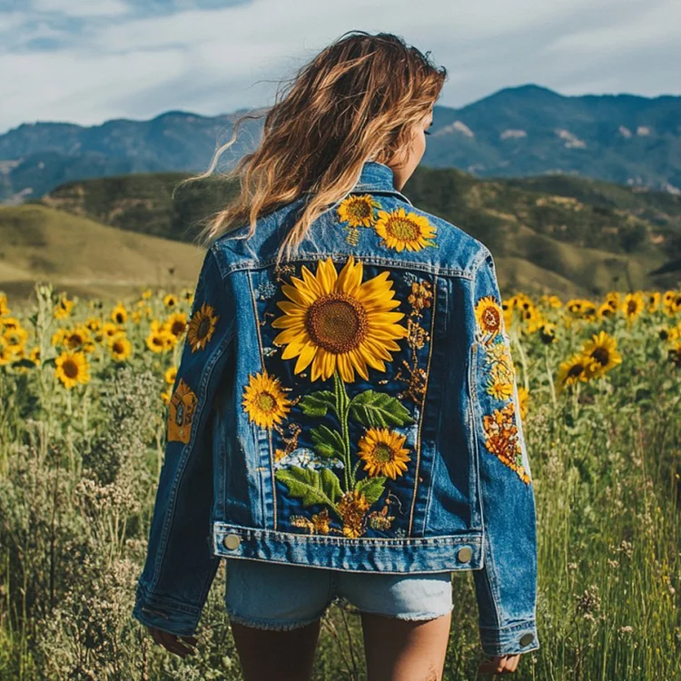 VChics Vintage Ukrainian Sunflowers Embroidered Patchwork Washed Denim Jacket