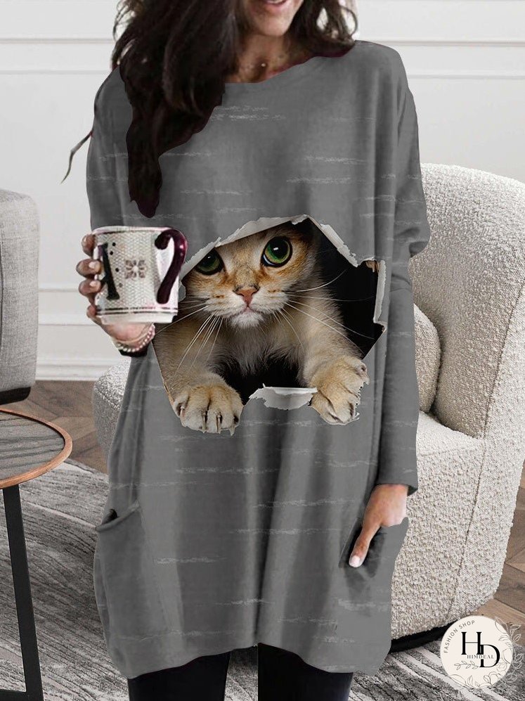 Dresses Cat Ripped Pocket Long Sleeve Dress for Women