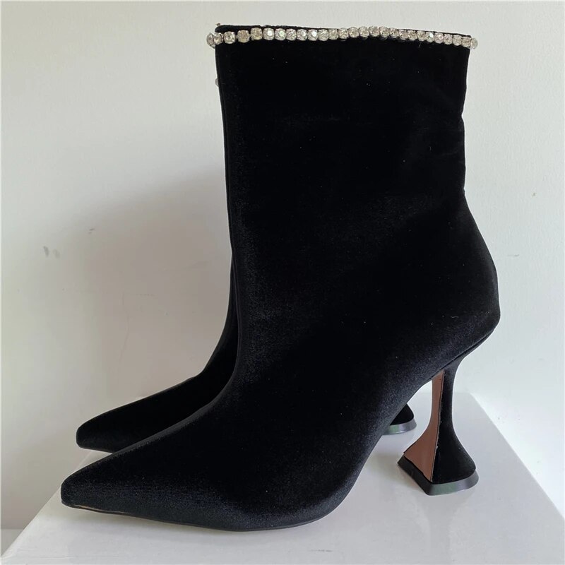 VCSHOES Goblet Heel Short Boots Women Jeweled Crystal Pointed Toe Women Booties Genuine Leather Slim Botas Mujer