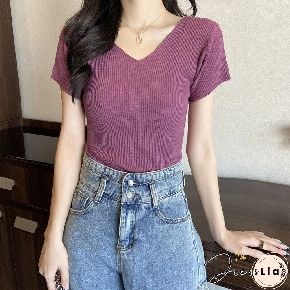 Christmas Gift Summer Short Sleeve Korean Style Sweater V-Neck Knitted Pullover Women Sweaters Basic Thin Tops Pull Femme Jumper