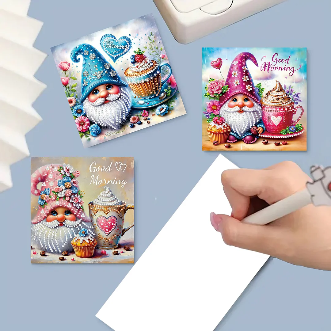 6pcs Good Morning Goblin DIY Diamond Painting Kit Greeting Card with Envelope Diamond Art Painting Greeting Cards for Family Friends Holiday Gift Congratulations
