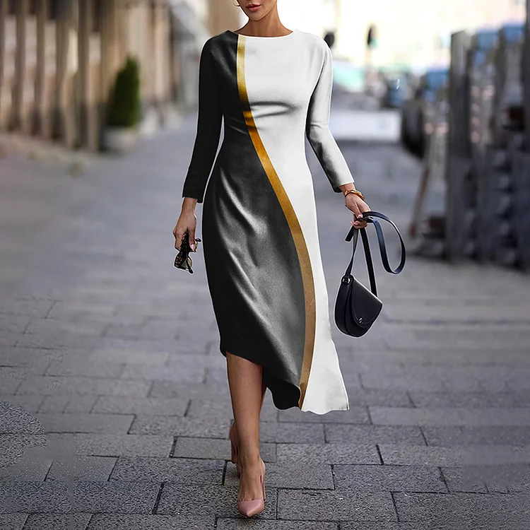 Vefave Elegant Contrast Patchwork Printed Long Sleeve Midi Dress