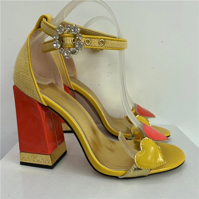 VCSHOES Love-heart Patchwork Sandals Women Ankle Strap Genuine Leather Letter Chunky Heel Rhinestone Shoes
