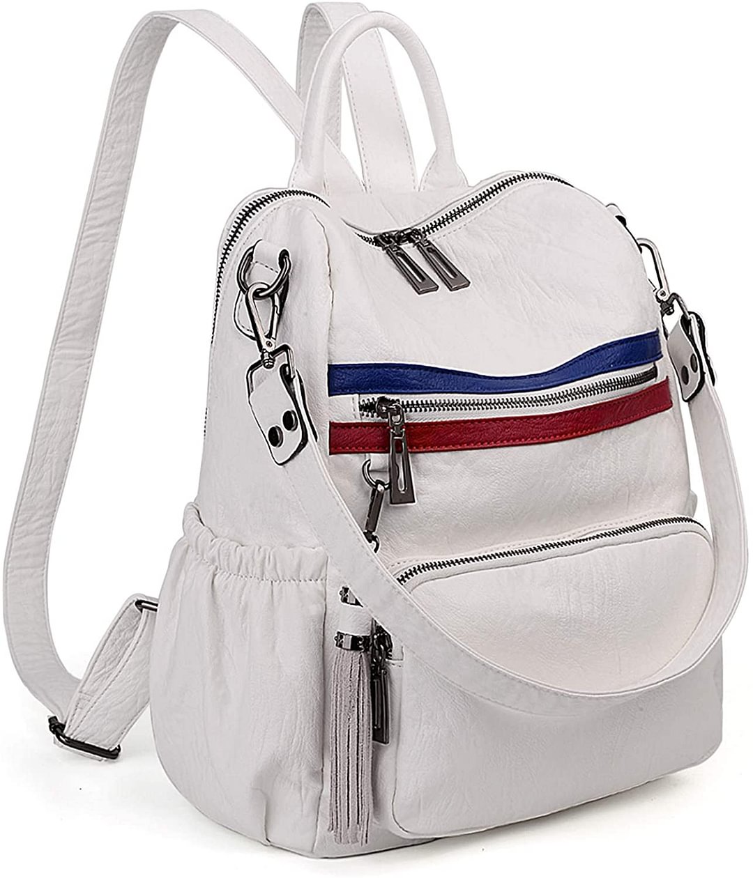 Women Backpack Purse PU Washed Leather Convertible Ladies Rucksack Tassel Zipper Pocket Shoulder Bag