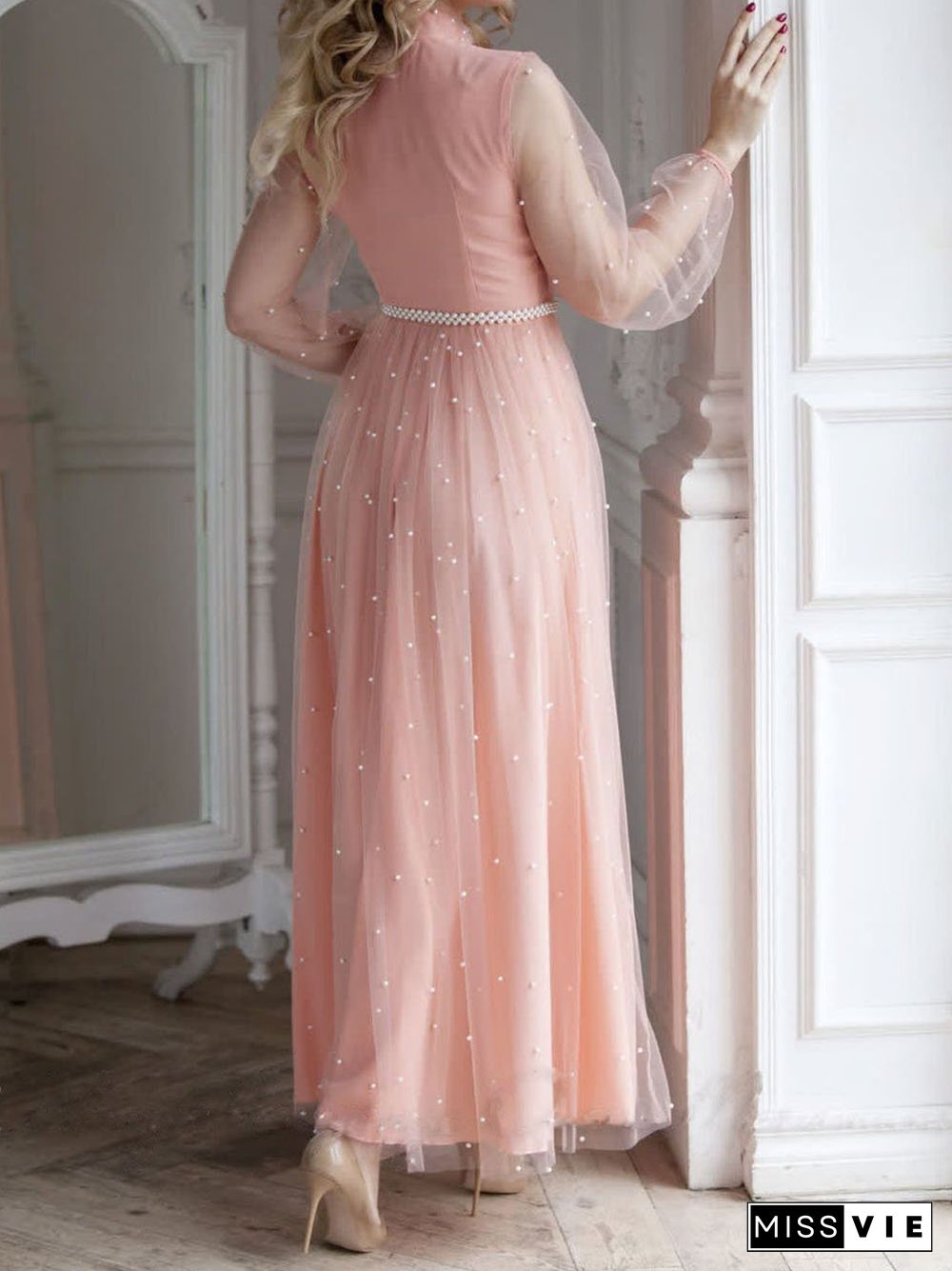 Elegant Pink Round Neck Chiffon Maxi Dress
