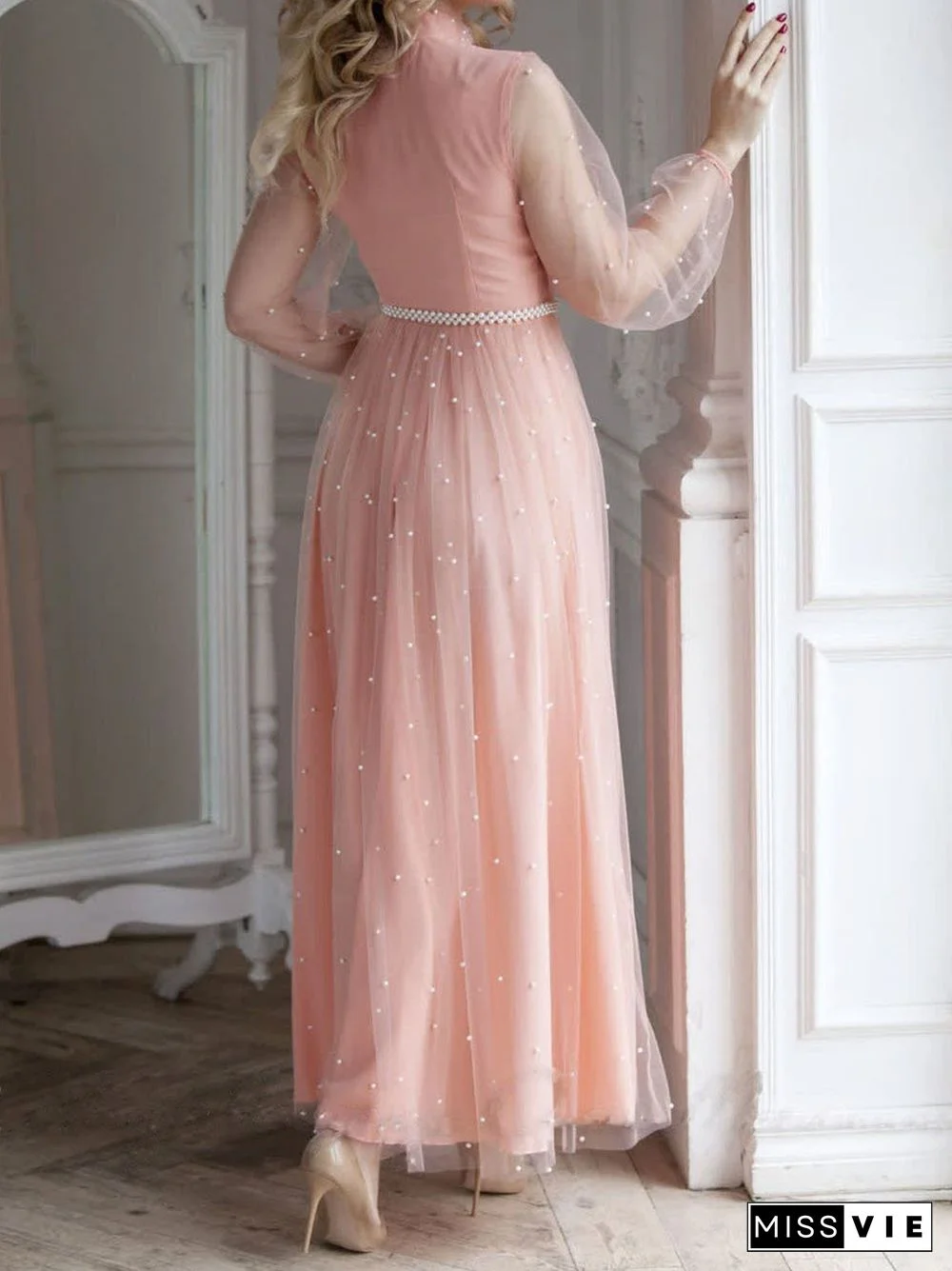 Elegant Pink Round Neck Chiffon Maxi Dress