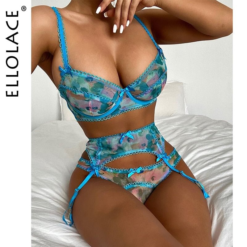 Ellolace Sexy Sensual Lingerie Woman's Underwear Underwire Push up Bra Erotic Brief Sets Fancy Underwear See Through 3 Piece Set