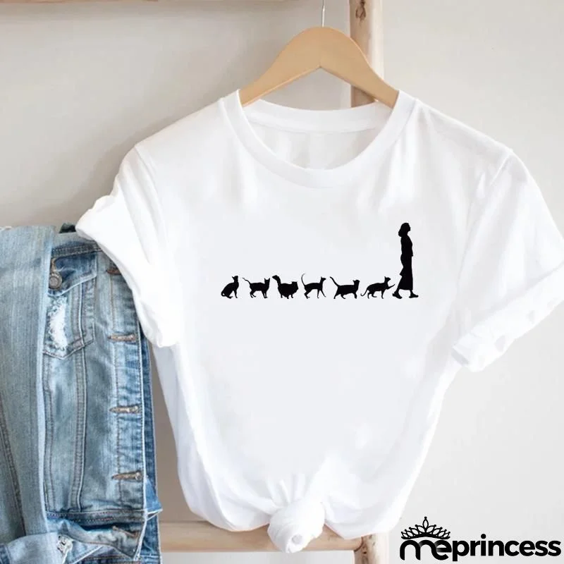 Women Loose Simple Cartoon Cat Footprint Print Round Neck Short Sleeve T-Shirt