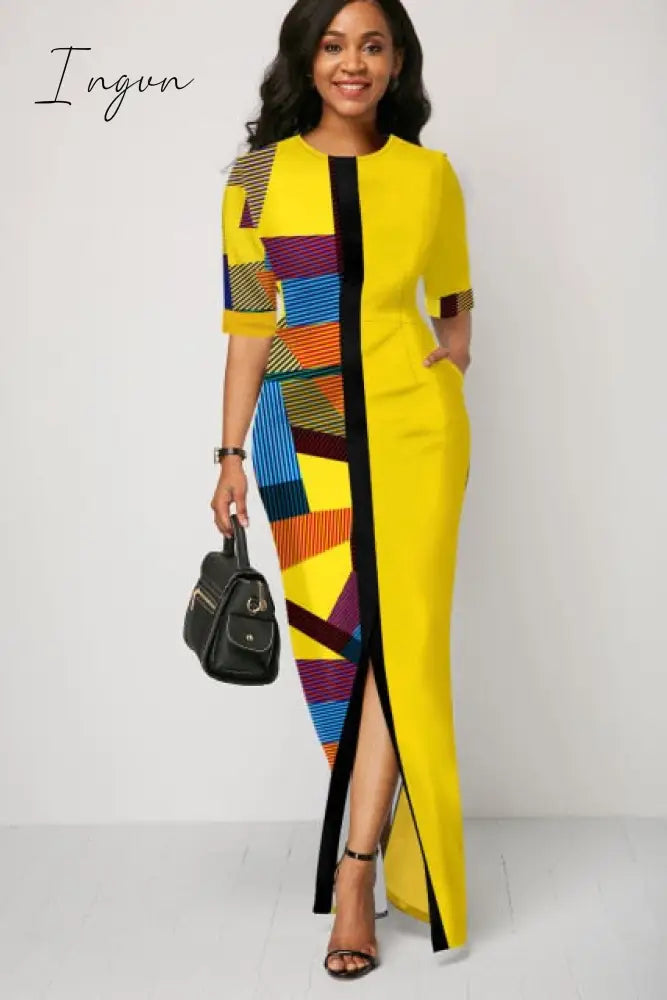 Ingvn - Ladies Fashion Half Sleeve Dress Women Elegant Round Collar Geometric Printing Splicing