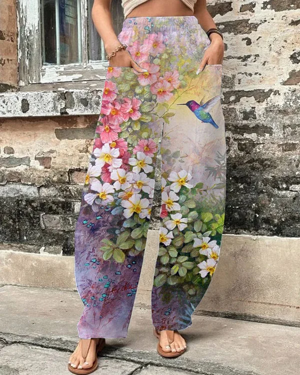 Ladies Bird Floral Loose Wide Leg Pants