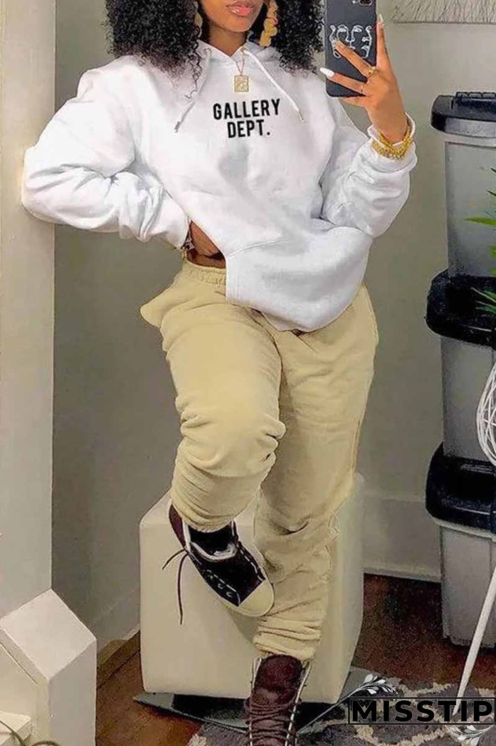 White Sportswear Print Letter Hooded Collar Long Sleeve Two Pieces