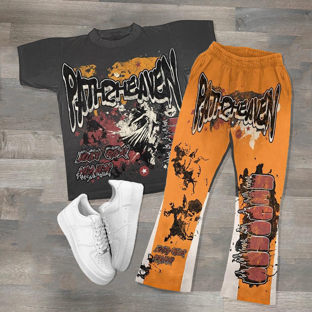 Personalized  Hip Hop Paths Heaven Print Short Sleeve Tee & Flared Trousers Two Piece Set