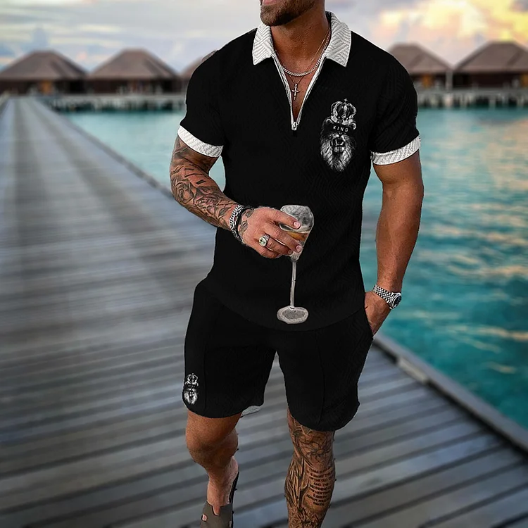 Contrast Collar Polo Shirt And Shorts Two-Piece Set