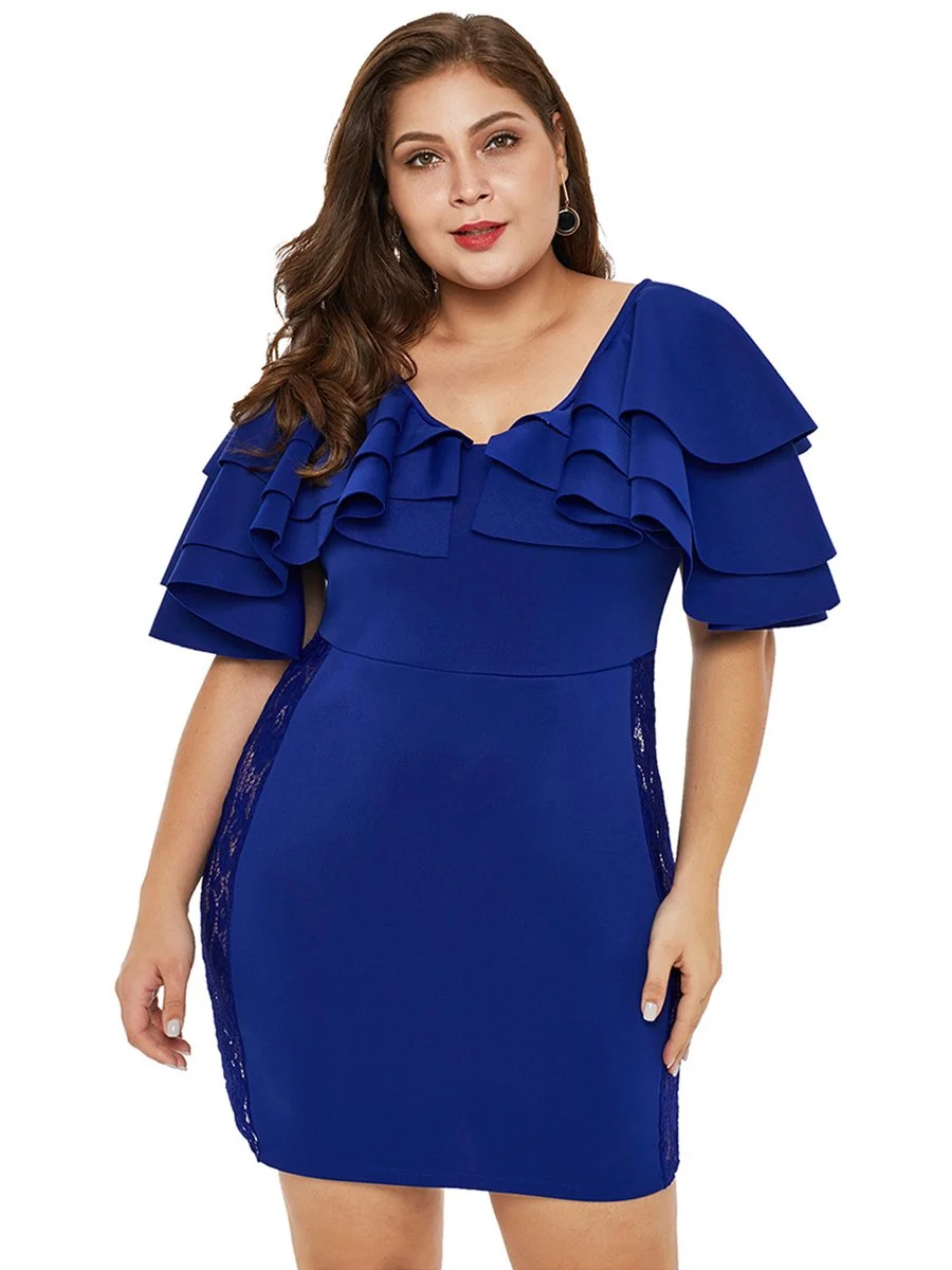 Plus Size Ruffled Design Solid Color Slim Mini Dress