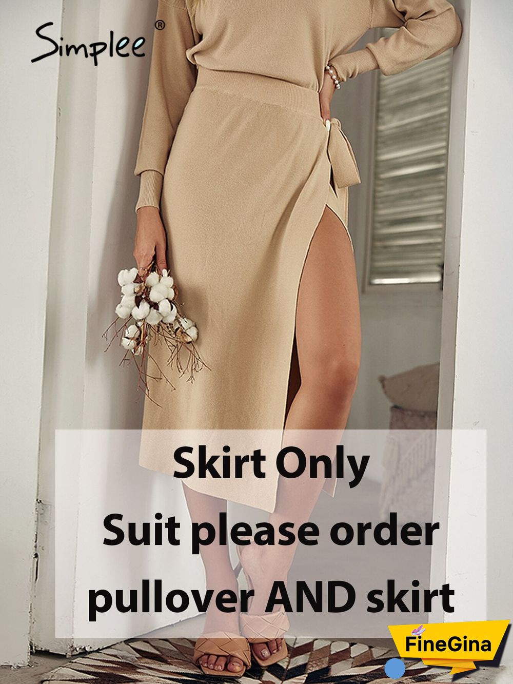 Office turtleneck long sleeves lace up knitted dress set women Elastic split long skirt two-piece set Elegant solid suit