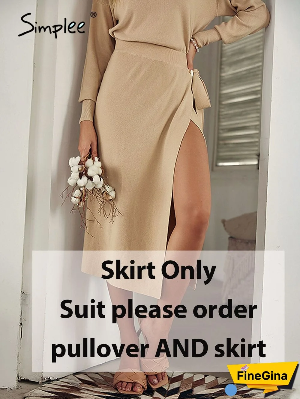 Office turtleneck long sleeves lace up knitted dress set women Elastic split long skirt two-piece set Elegant solid suit