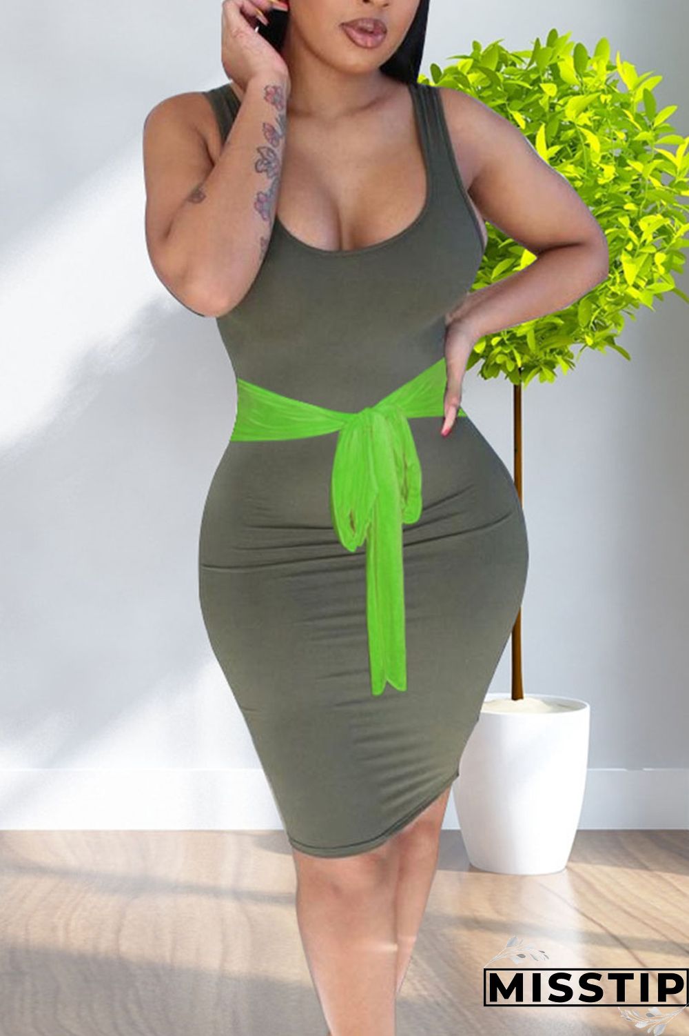 Green Casual Print Patchwork U Neck A Line Dresses