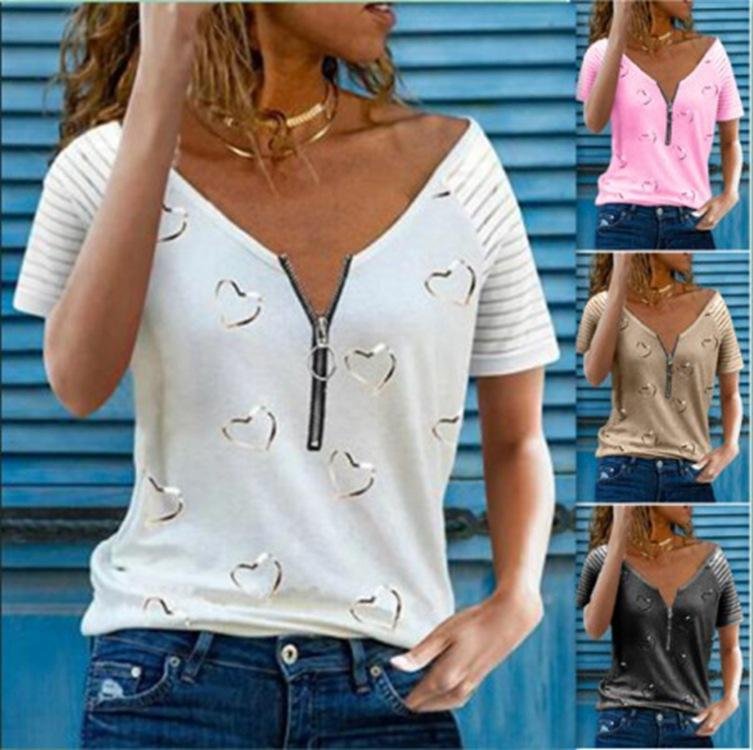 Love print V-neck zipper short-sleeved T-shirt