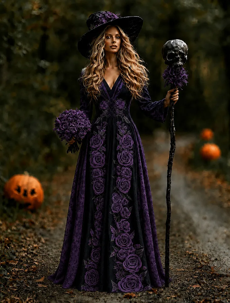 Women's Vintage Halloween Purple Rose Art Comfy Linen Maxi Dress