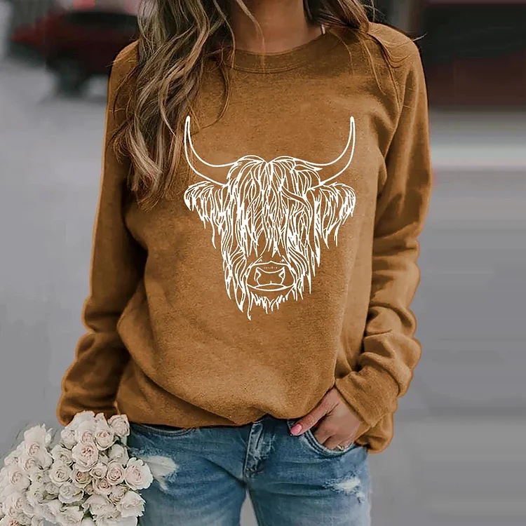 Highland Cow Printed Casual Long Sleeve Sweatshirt