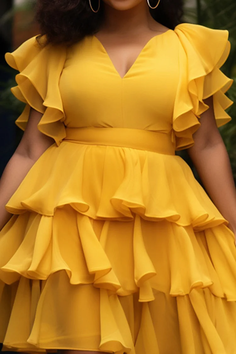Xpluswear Design Plus Size Cocktail Party Yellow Elegant V Neck Flutter Sleeve Ruffle Tiered Chiffon Mini Dresses [Pre-Order]