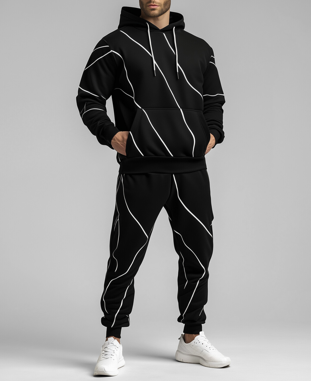 Okaywear Line Pattern Drawstring Hoodie & Sweatpants 2Pcs Set