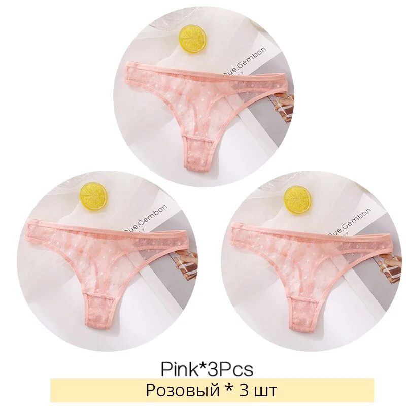 Billionm Lace Thongs Women 3Pcs/Set Transparent G-string Panties Dots Lace T-back Underwear Fashion Female Underpants M-XL