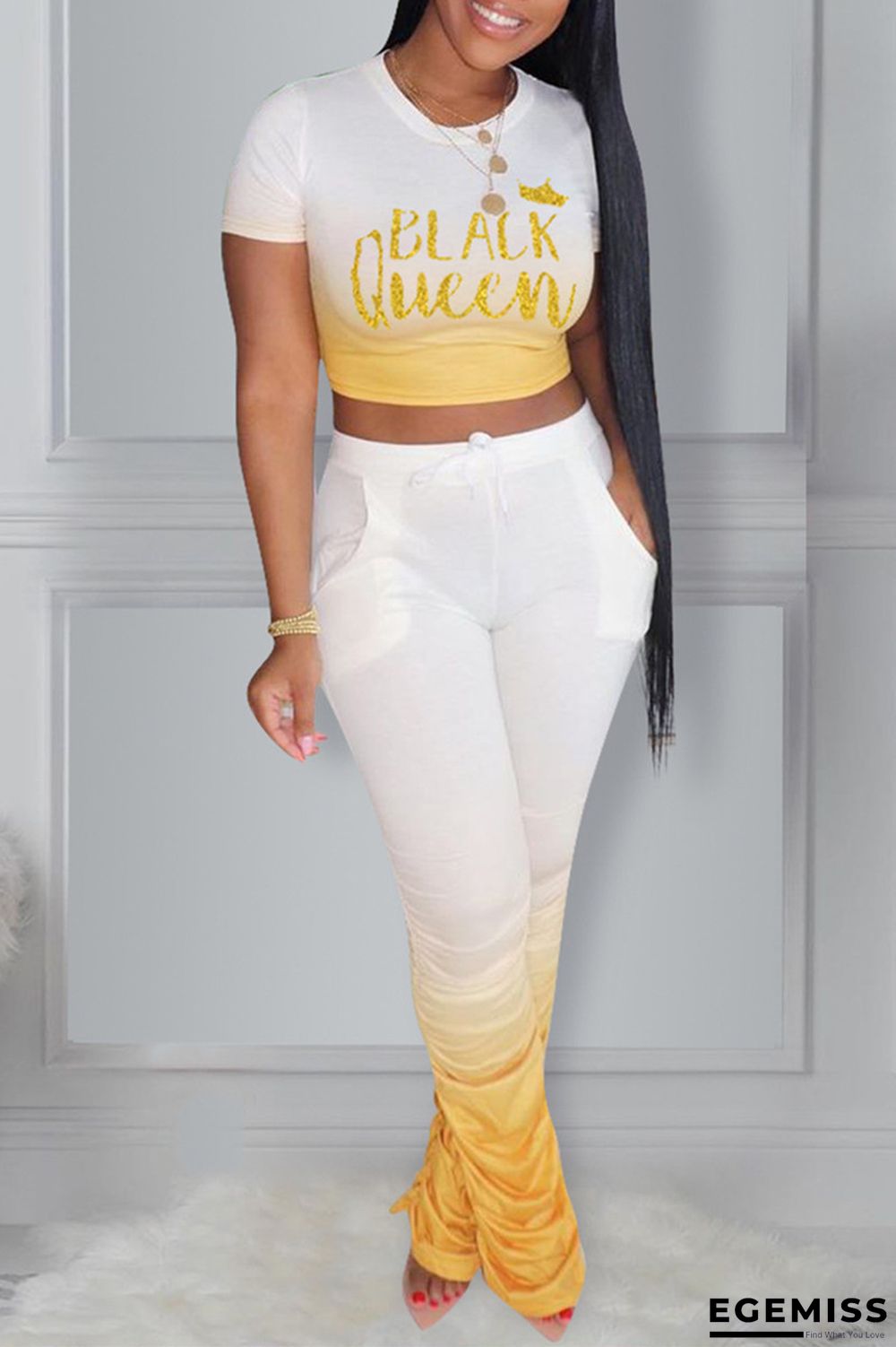 Yellow Fashion Casual Gradual Change Letter Print Fold O Neck Short Sleeve Two Pieces | EGEMISS