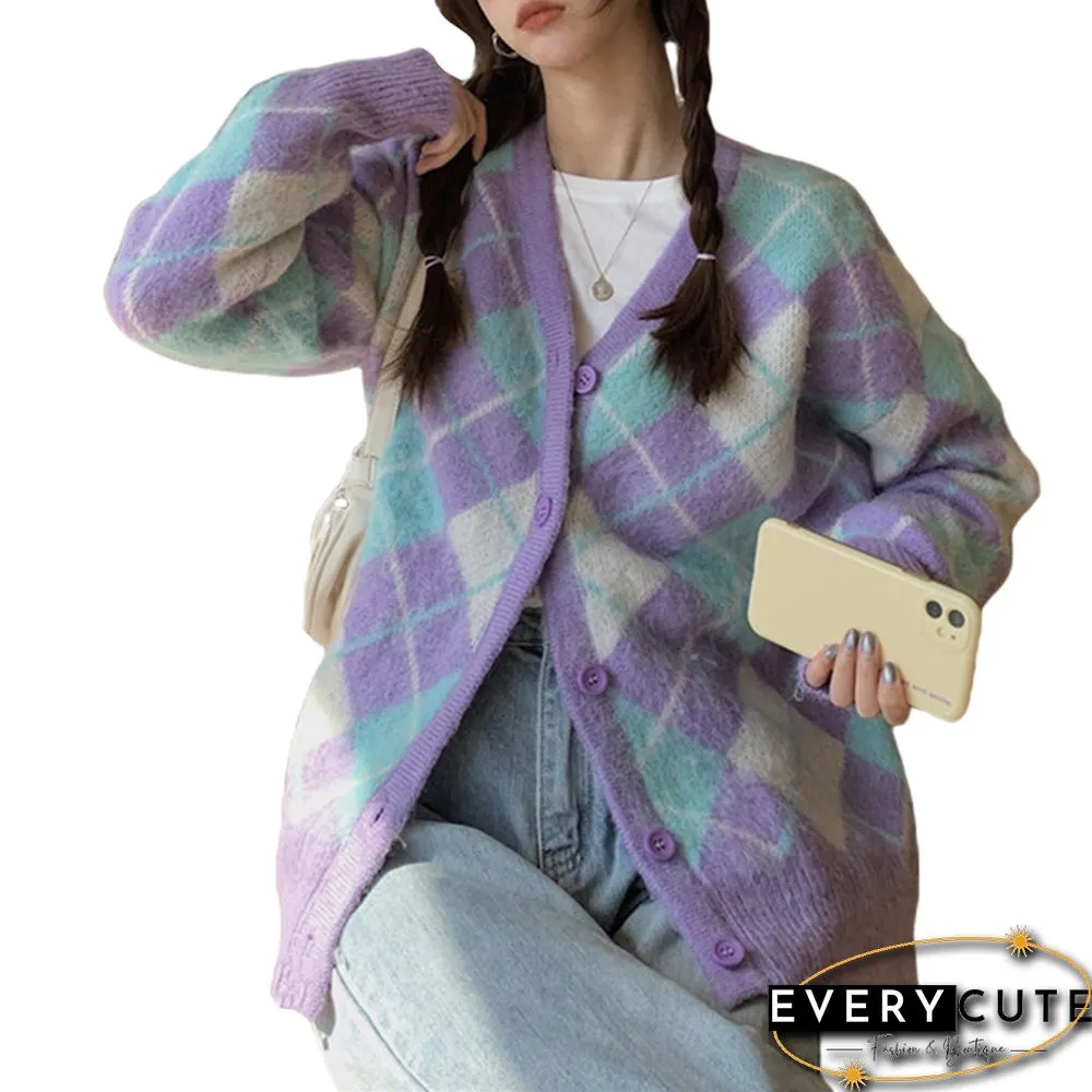 Womens Vintage Argyle Print Button Down Knit Sweater Long Sleeve V Neck Loose Cardigan Autumn Ins Knitting Tops
