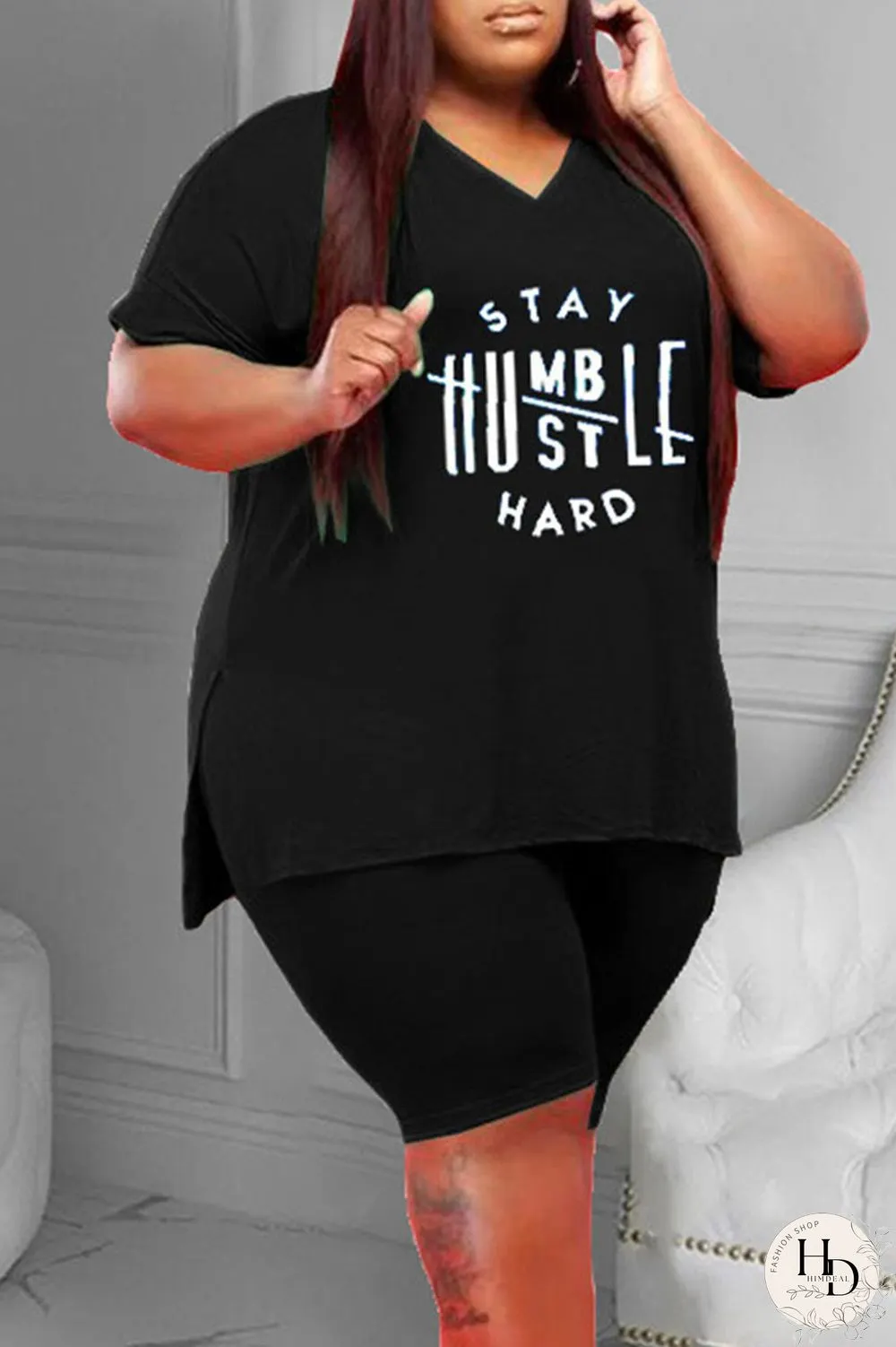 Red Casual Print Split Joint Slit V Neck Plus Size Two Pieces