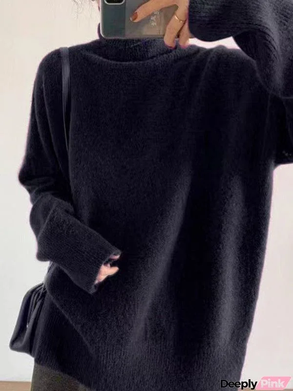 Casual Long Sleeves Loose Solid Color High-Neck Sweater Tops