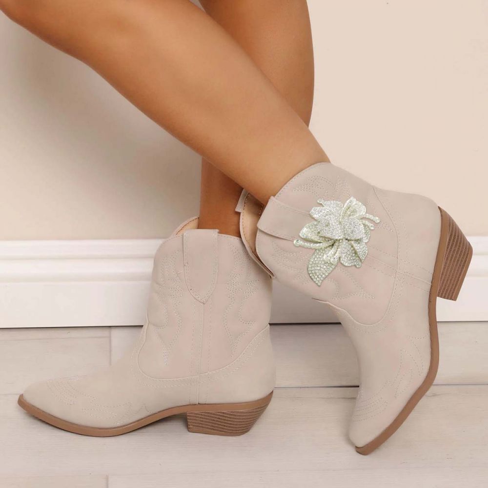 Light Gray Vegan Suede Stitching Short Cowgirl Boots with Rhinestone Nicepairs