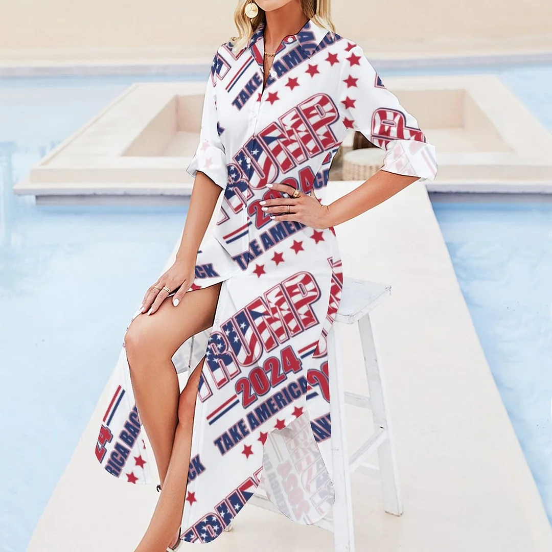 Trump 2024 Take America Back Women Casual Retro Print Maxi Dresses Loose Button Down Blouse Split Long Dress