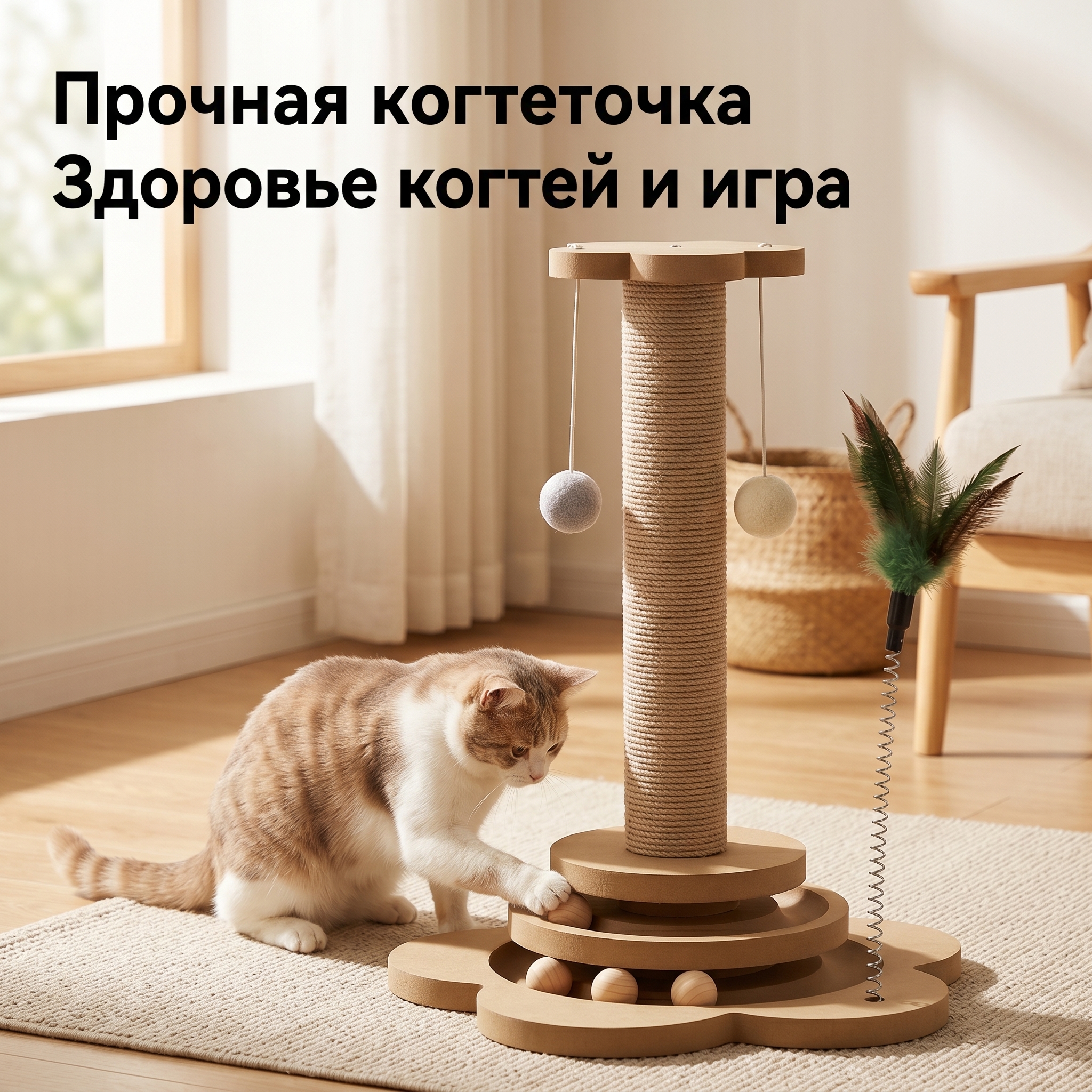 GOPET&reg; Прочная и износостойкая когтеточка для кошек &mdash; универсальная игрушка для самостоятельных игр котят, сочетающая в себе дразнилку, сизалевый столбик и лазалку