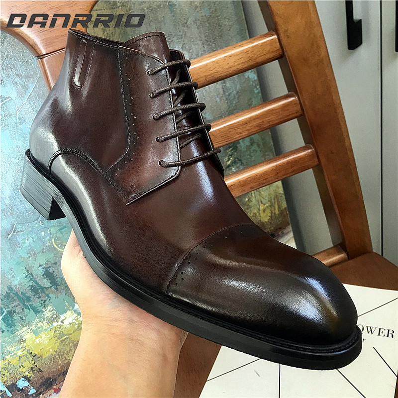 DANRRIO Three-spliced High-top Formal Handmade Leather Shoes|Brogue Cowhide Boots DANRRIO.COM DANRRIO