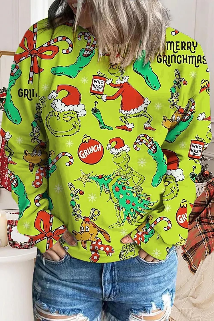 Women's Christmas Grinch Printed Long Sleeve Round Neck Sweatshirt