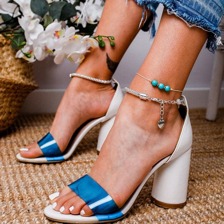 White and Blue Clear PVC Chunky Heel Sandals Ankle Strap Sandals |FSJ Shoes