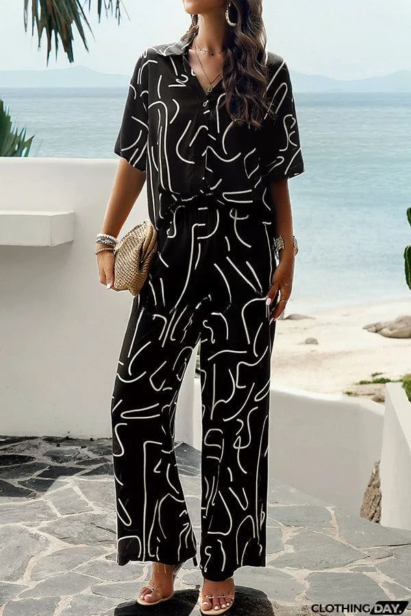 Fun Printed Button Pocket Long Sleeve Shirt and Elastic Waist Pants Set