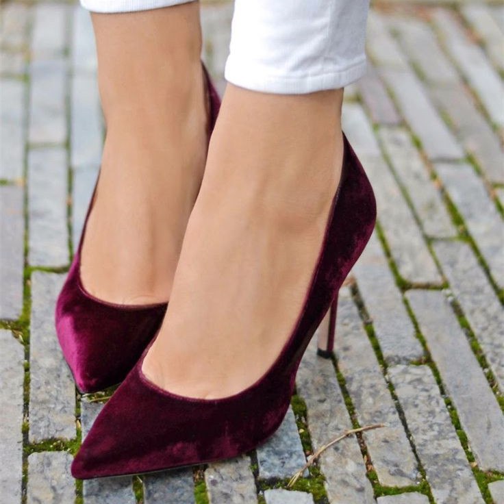 GOOSHOE Burgundy Velvet Heels Pointy Toe Stiletto Heel Pumps