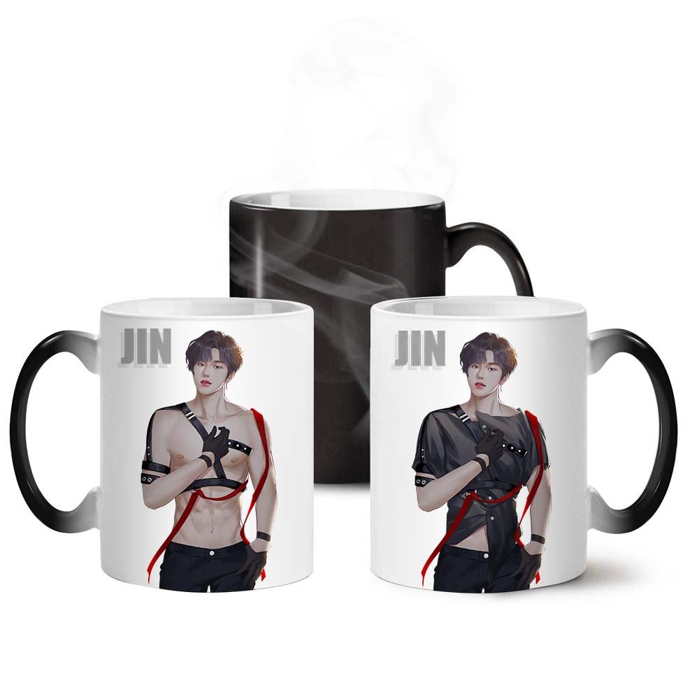 BTS Anime Coffee Mugs A.R.M.Y Heat Sensitive Color Changing Cup,12 oz Black