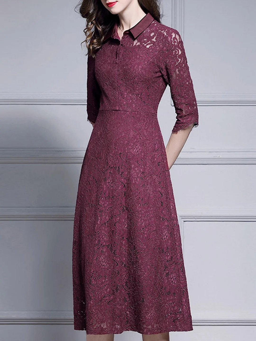 Shirt Collar Burgundy Dresses Shift Daily Paneled Floral Dresses