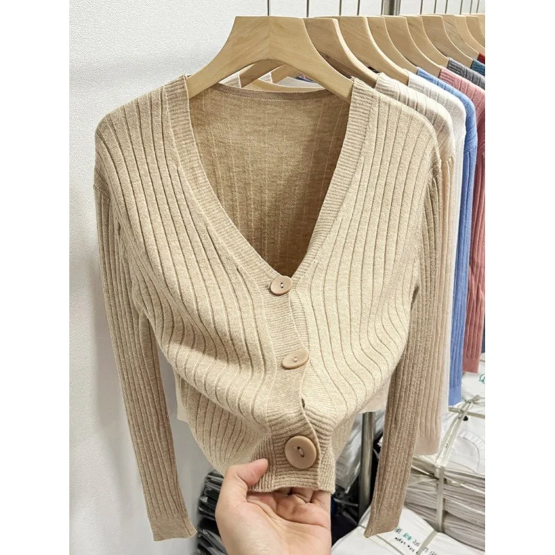 Uveng Uveng Knitted V-Necked Cardigan Trend New Thin Shirt Sweater Coat Short Top Female