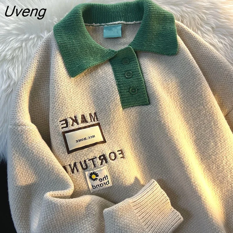 Uveng polo neck sweater for women's autumn new loose oversize casual versatile couple top winter clothes men sweaters pullover