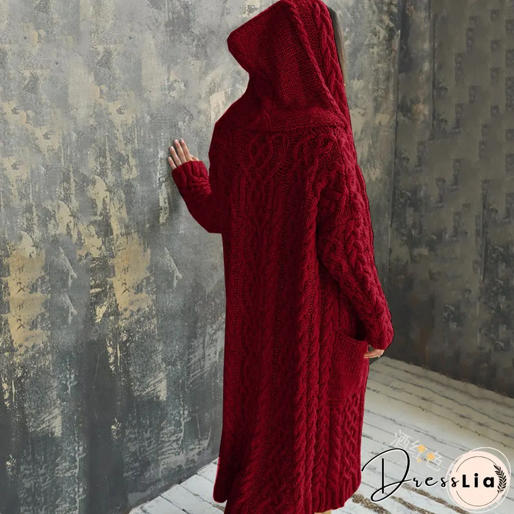 Hooded Solid Knitted Long Cardigan Twist Sweater Coat